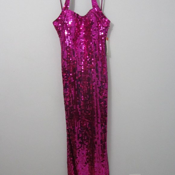 Fuchsia Pink Sequin Evening Halter Dress Shimmering Prom - Picture 6 of 9